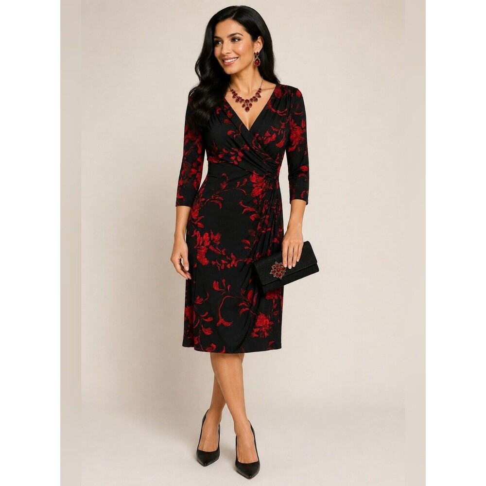 Lauren Ralph Lauren Black Red Midi Wrap Dress Size 6
